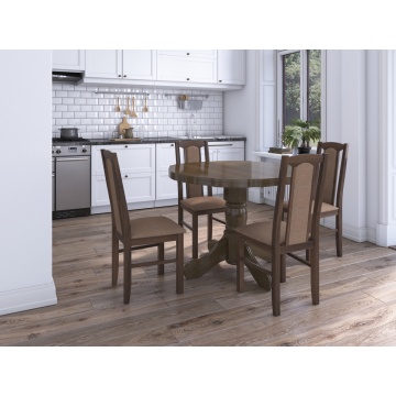 Set masa extensibila Kan 100x135 cm, lemn masiv, culoare nuc, blat din mdf cu 4 scaune tapitate S-37 Boss7 o15, stofa - Img 1