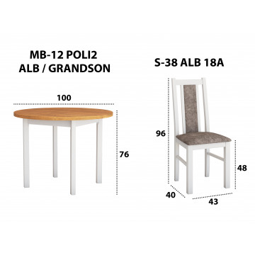 Set masa living poli2 bialy/grandson cu 4 scaune boss14 bialy 18a, lemn masiv/stofa/pal - Img 3