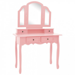 Set masă toaletă cu taburet roz 100x40x146 cm lemn paulownia - Img 3