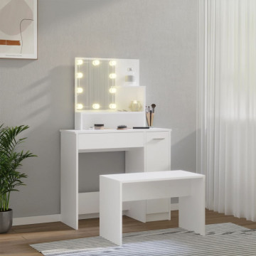 Set măsuță de toaletă cu LED, alb, lemn prelucrat - Img 3