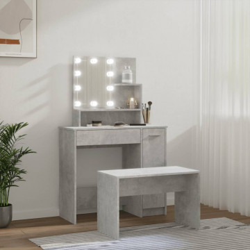 Set măsuță de toaletă cu LED, gri beton, lemn prelucrat - Img 4