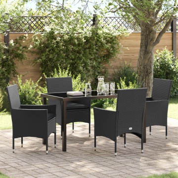 Set mese grădină 5 piese cu perne poliratan negru, Masă neagră 140x80x73 cm din sticlă securizată - Img 1