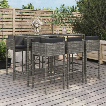 Set mobilier bar de grădină cu perne, 7 piese, gri, poliratan - Img 1