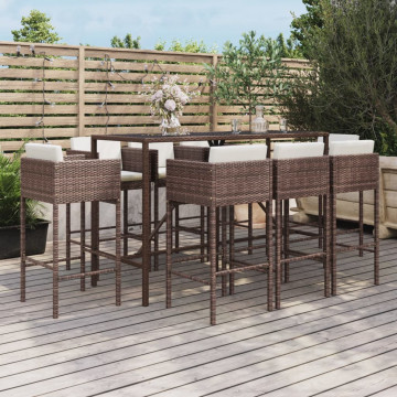 Set mobilier bar de grădină, cu perne, 9 piese, maro, poliratan - Img 1