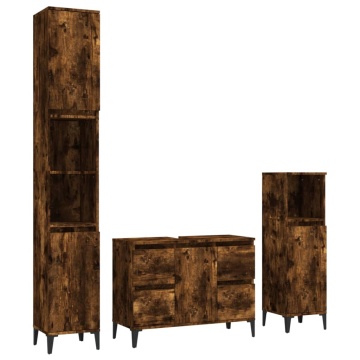 Set mobilier de baie, 3 piese, stejar fumuriu, lemn prelucrat - Img 2