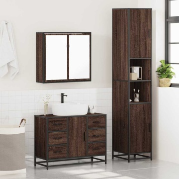 Set mobilier de baie, 3 piese, stejar maro, lemn prelucrat - Img 4
