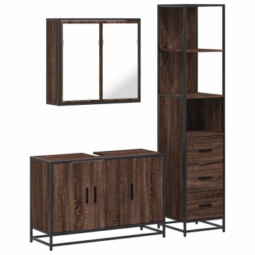 Set mobilier de baie, 3 piese, stejar maro, lemn prelucrat - Img 2