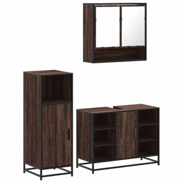 Set mobilier de baie, 3 piese, stejar maro, lemn prelucrat - Img 2