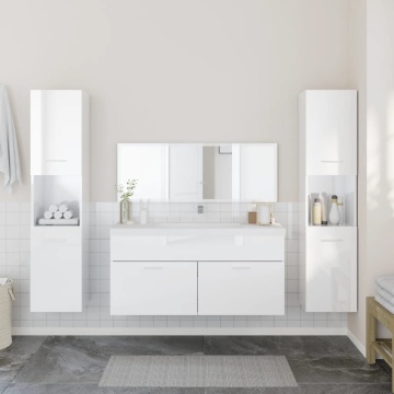 Set mobilier de baie, 4 piese, alb extralucios, lemn prelucrat - Img 3