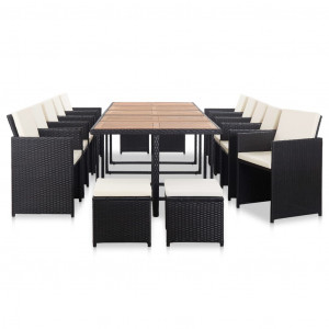 Set mobilier de exterior cu perne, 15 piese, negru, poliratan - Img 2
