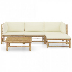 Set mobilier de grădină, 5 piese, perne alb crem, bambus - Img 2