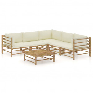 Set mobilier de grădină, 6 piese, perne alb crem, bambus - Img 1