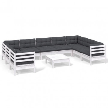 Set mobilier de grădină cu perne, 10 piese, alb, lemn masiv pin - Img 2