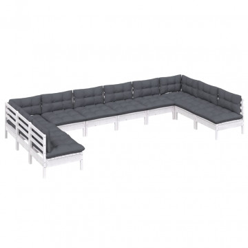 Set mobilier de grădină cu perne, 10 piese, alb lemn masiv pin - Img 3