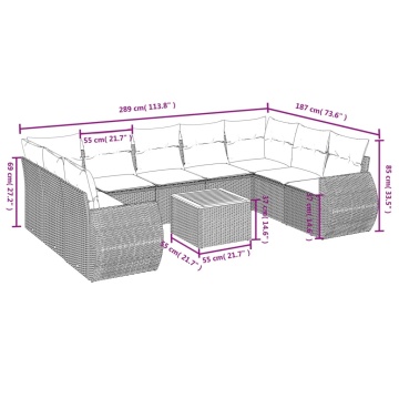 Set mobilier de grădină cu perne, 10 piese, gri, poliratan - Img 3