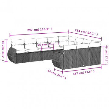 Set mobilier de grădină cu perne, 10 piese, gri, poliratan - Img 3