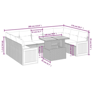 Set mobilier de grădină cu perne, 10 piese, gri, poliratan - Img 3