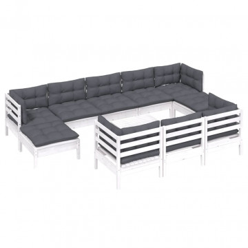 Set mobilier de grădină cu perne, 11 piese, alb lemn masiv pin - Img 3