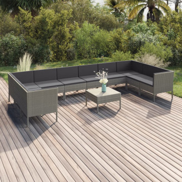 Set mobilier de grădină cu perne, 11 piese, gri, poliratan - Img 1