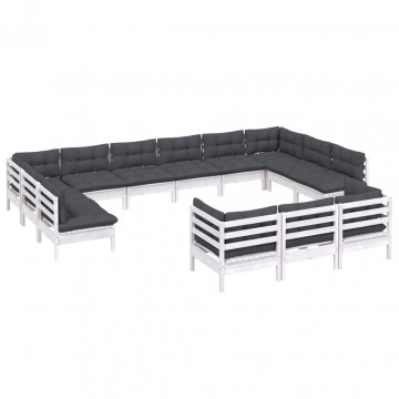 Set mobilier de grădină cu perne, 13 piese, alb, lemn de pin - Img 3