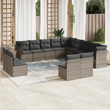 Set mobilier de grădină cu perne, 13 piese, gri, poliratan - Img 1