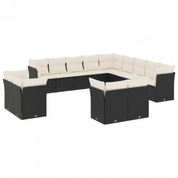 Set mobilier de grădină cu perne, 13 piese, negru, poliratan - Img 2