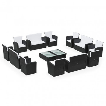 Set mobilier de grădină cu perne, 16 piese, negru, poliratan - Img 2