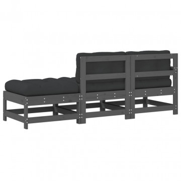 Set mobilier de grădină cu perne, 3 piese, gri, lemn masiv - Img 3