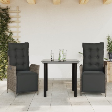 Set mobilier de grădină cu perne, 3 piese, gri, poliratan - Img 1