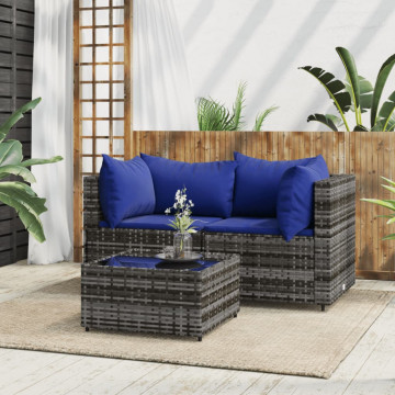 Set mobilier de grădină cu perne, 3 piese, gri, poliratan - Img 1