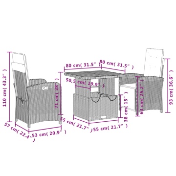 Set mobilier de grădină cu perne, 3 piese, negru, poliratan - Img 7