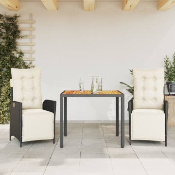Set mobilier de grădină cu perne, 3 piese, negru, poliratan - Img 1