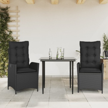 Set mobilier de grădină cu perne, 3 piese, negru, poliratan - Img 1