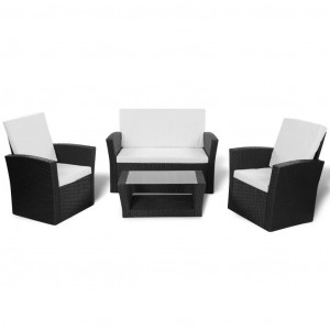 Set mobilier de grădină cu perne, 4 piese, negru, poliratan - Img 2