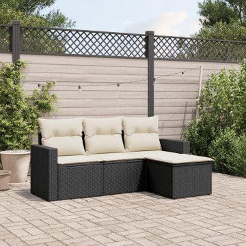 Set mobilier de grădină cu perne, 4 piese, negru, poliratan - Img 1