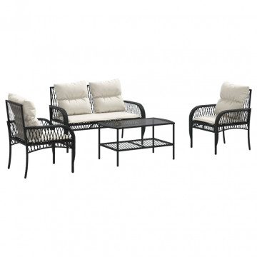 Set mobilier de grădină cu perne, 4 piese, negru, poliratan - Img 2