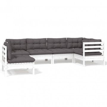 Set mobilier de grădină cu perne, 6 piese, alb, lemn de pin - Img 2