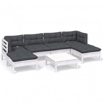 Set mobilier de grădină cu perne, 7 piese, alb, lemn de pin - Img 2