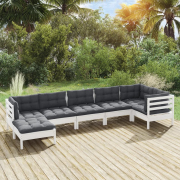 Set mobilier de grădină cu perne, 7 piese, alb, lemn masiv pin - Img 1