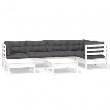 Set mobilier de grădină cu perne, 7 piese, alb, lemn masiv pin - Img 2