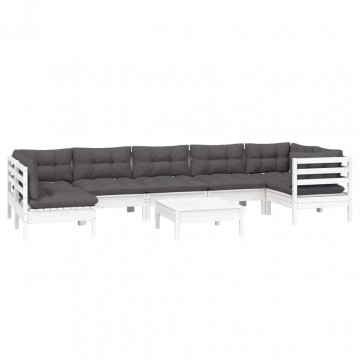 Set mobilier de grădină cu perne, 8 piese, alb, lemn de pin - Img 3