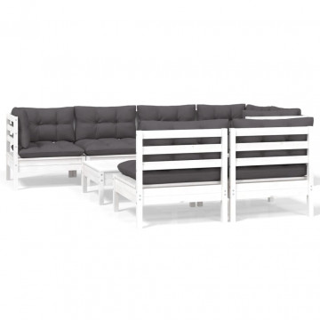 Set mobilier de grădină cu perne, 8 piese, alb, lemn masiv pin - Img 2