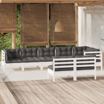 Set mobilier de grădină cu perne, 8 piese, alb, lemn masiv pin - Img 1