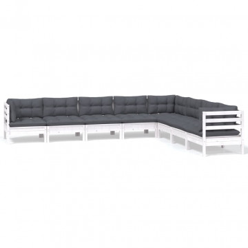 Set mobilier de grădină cu perne, 8 piese, alb, lemn masiv pin - Img 2