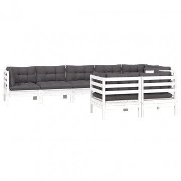 Set mobilier de grădină cu perne, 8 piese, alb, lemn masiv pin - Img 2