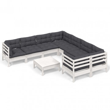 Set mobilier de grădină cu perne, 9 piese, alb, lemn de pin - Img 2