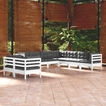 Set mobilier de grădină cu perne, 9 piese, alb, lemn masiv pin - Img 1