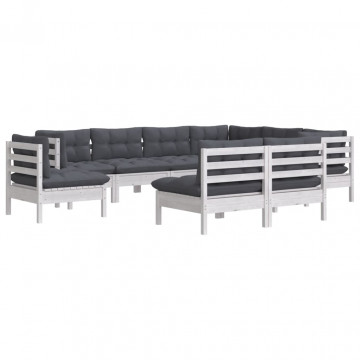 Set mobilier de grădină cu perne, 9 piese, alb, lemn masiv pin - Img 3