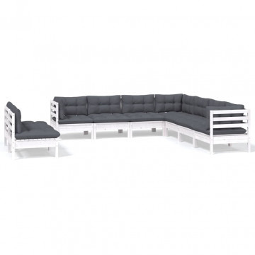 Set mobilier de grădină cu perne, 9 piese, alb, lemn masiv pin - Img 2