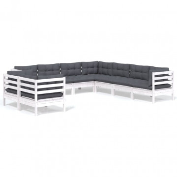 Set mobilier de grădină cu perne, 9 piese, alb, lemn masiv pin - Img 2